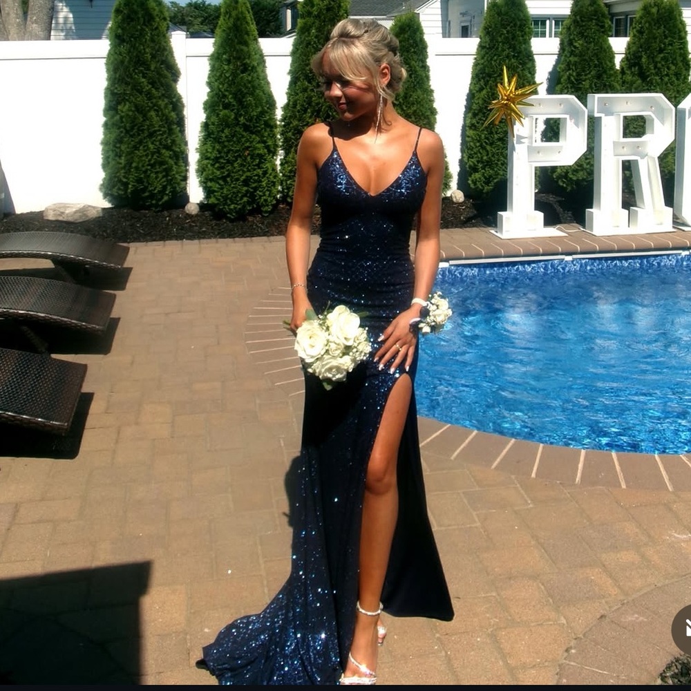Jovani Navy Sequin Spaghetti-Strap Maxi Gown with Thigh Slit